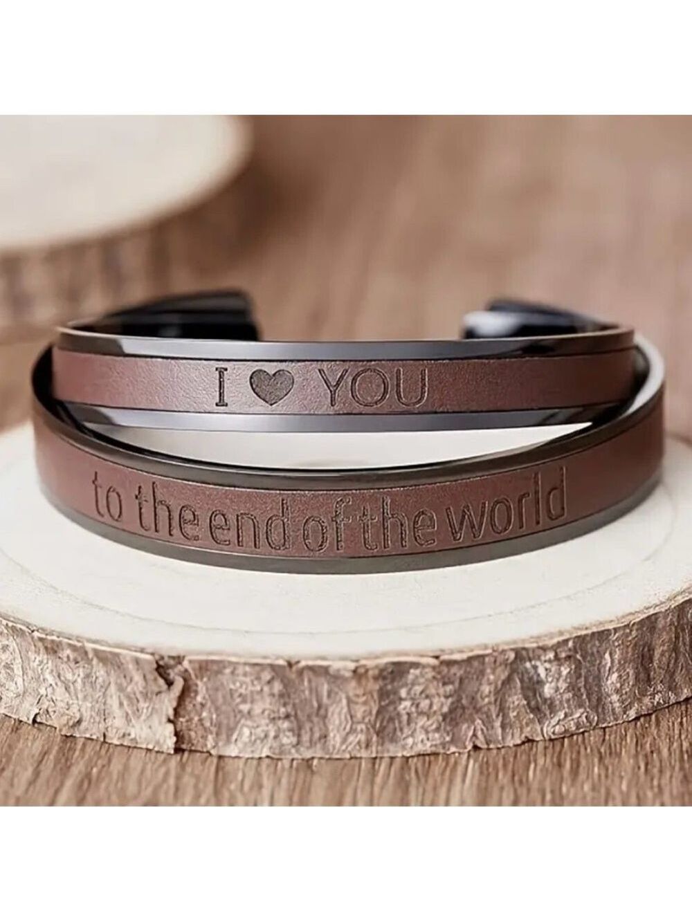 His & Hers Stainless Steel + Leather Forever Love Bracelet Matching Set